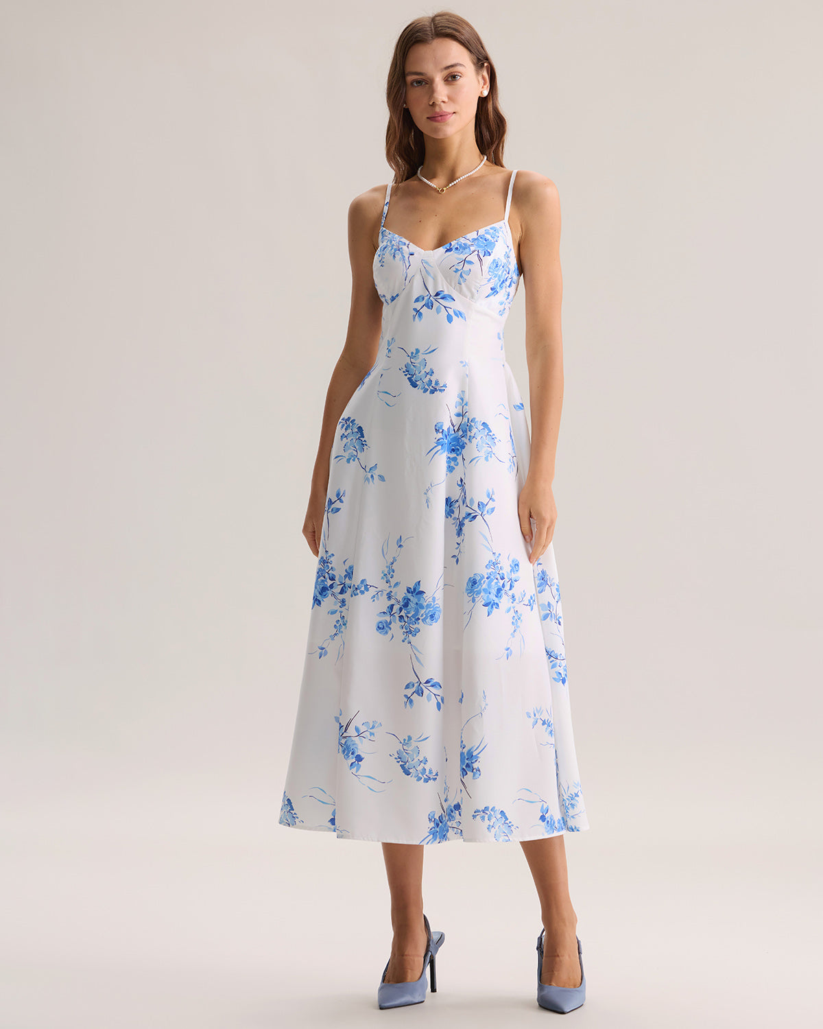 Blue Floral Shirred A-Line Slip Maxi Dress