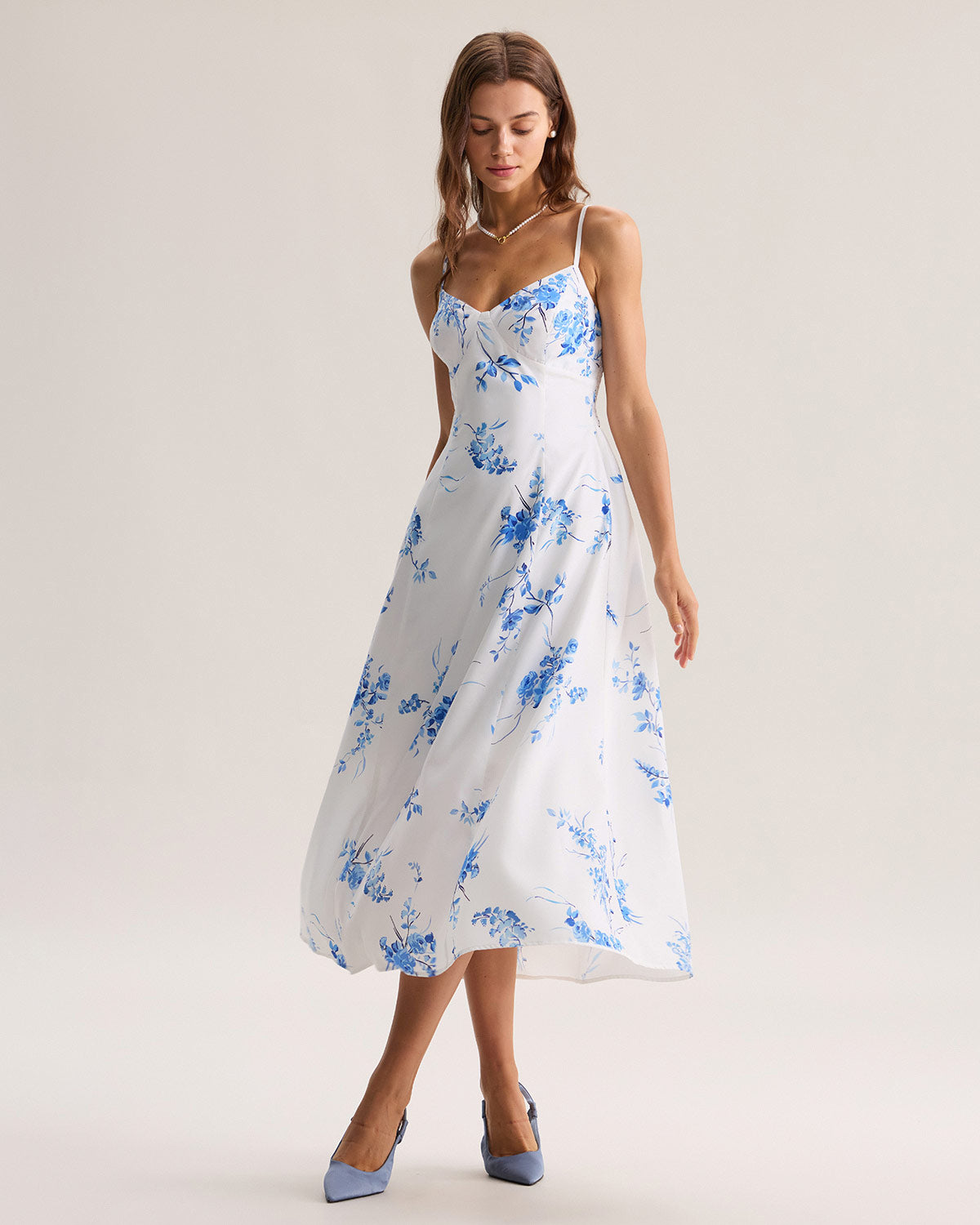 Blue Floral Shirred A-Line Slip Maxi Dress