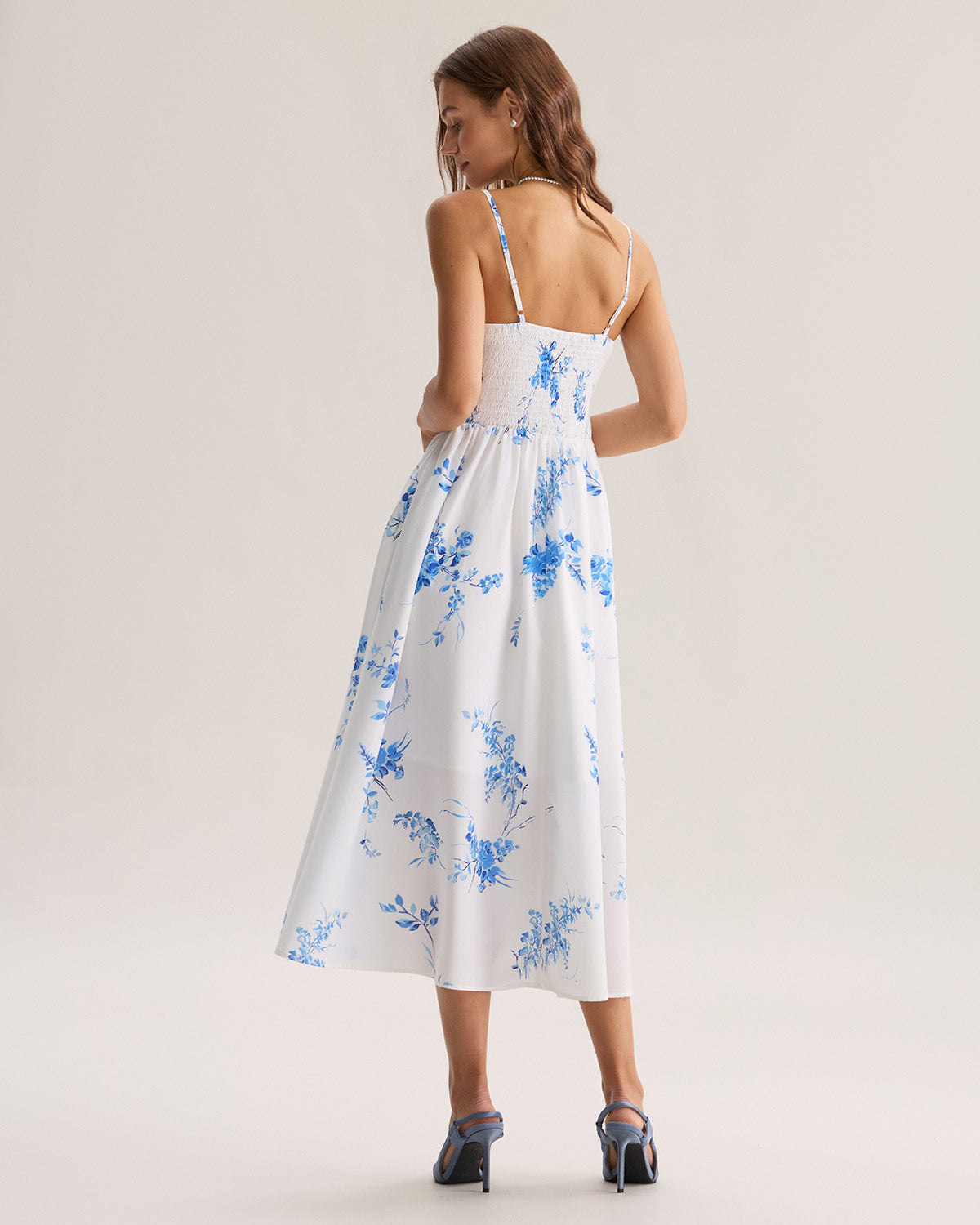 Blue Floral Shirred A-Line Slip Maxi Dress