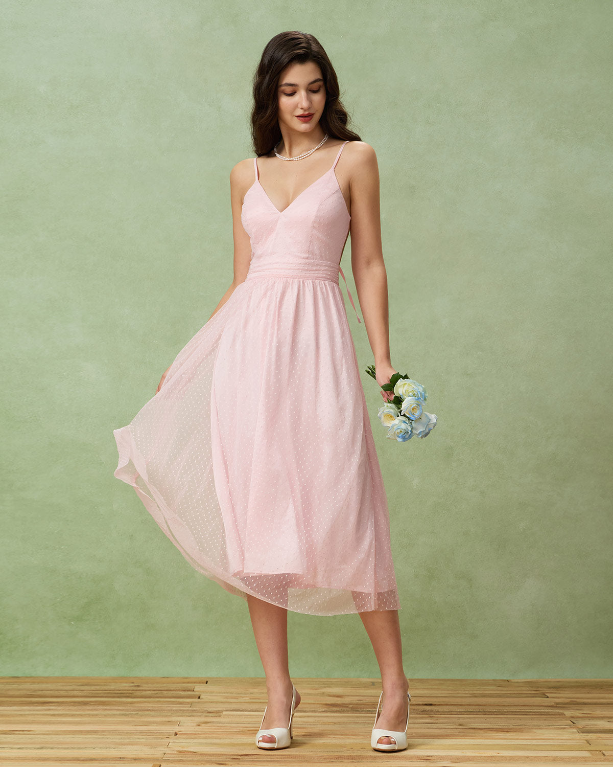 Pink V-Neck Backless Slip Midi Dress