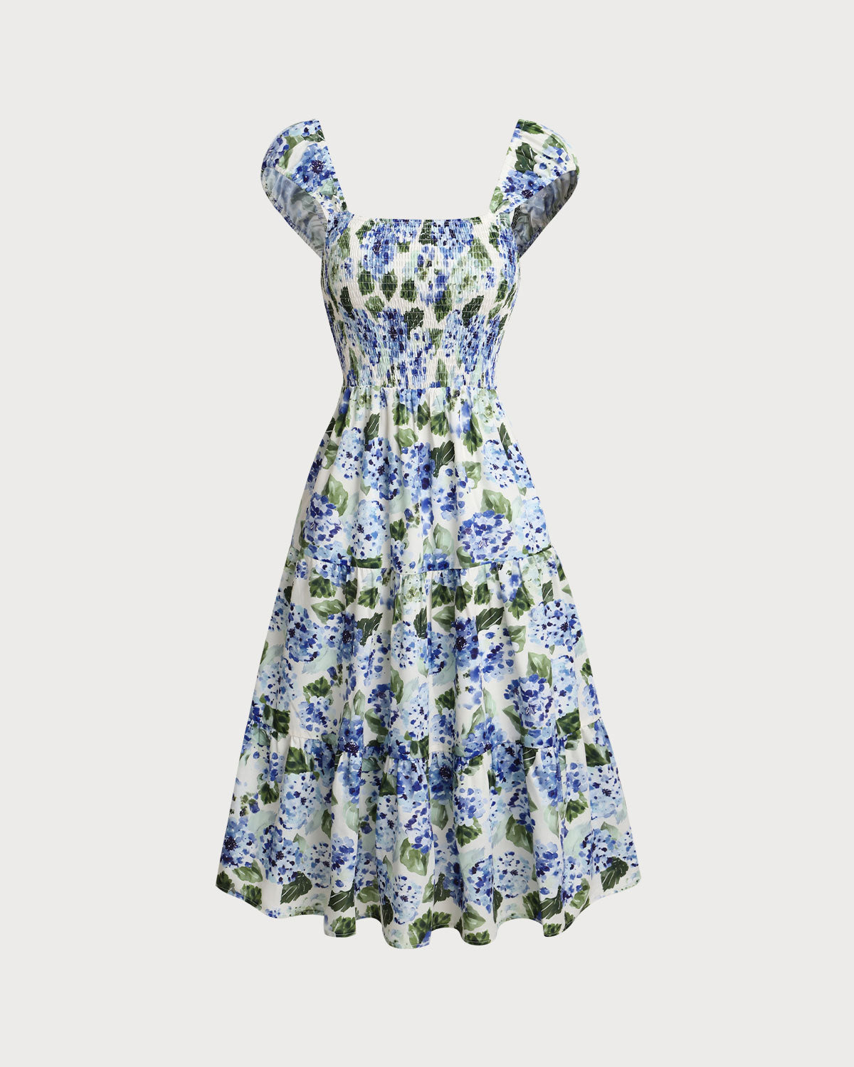 Blue Floral Square Neck Shirred Midi Dress