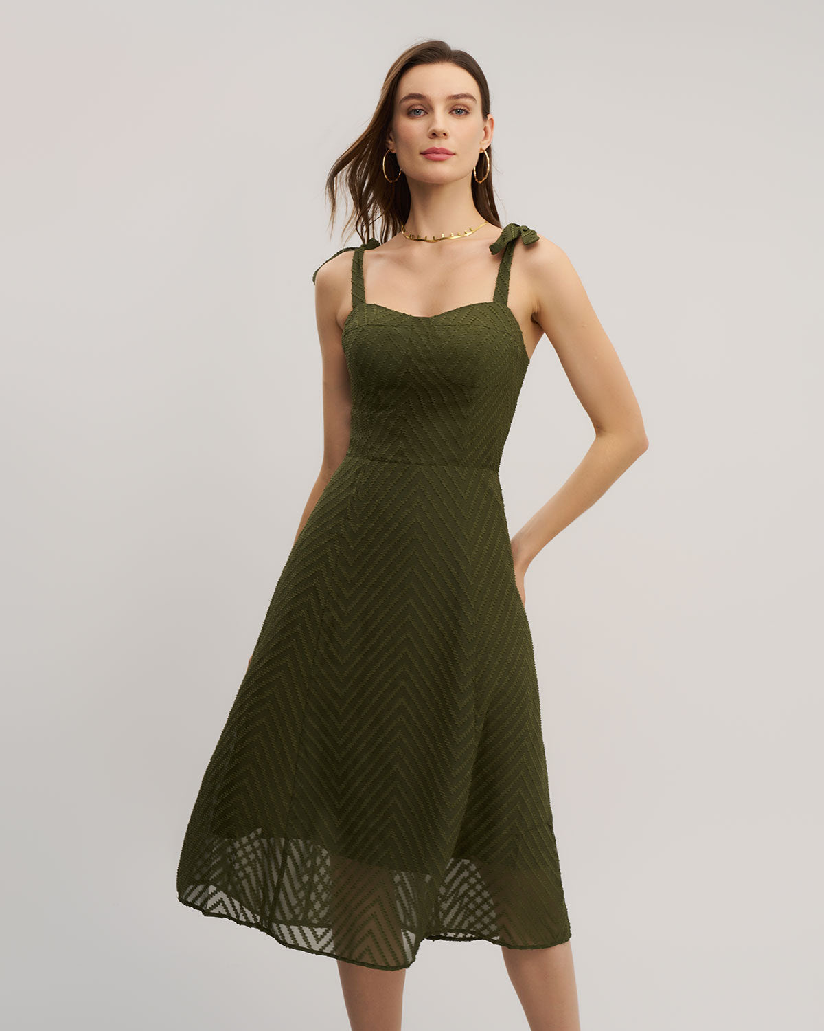 Green Sweetheart Neck Tie Strap Midi Dress