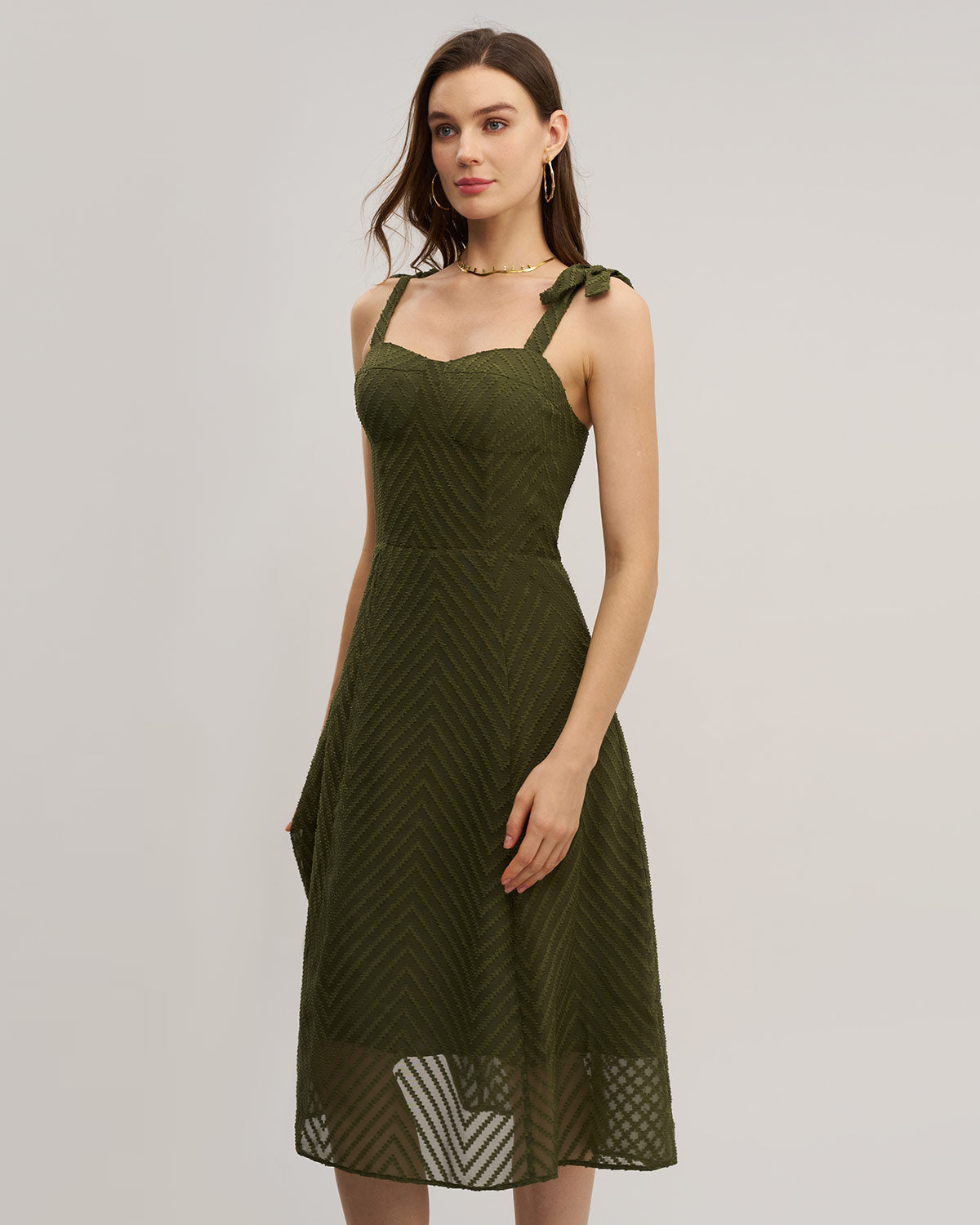 Green Sweetheart Neck Tie Strap Midi Dress