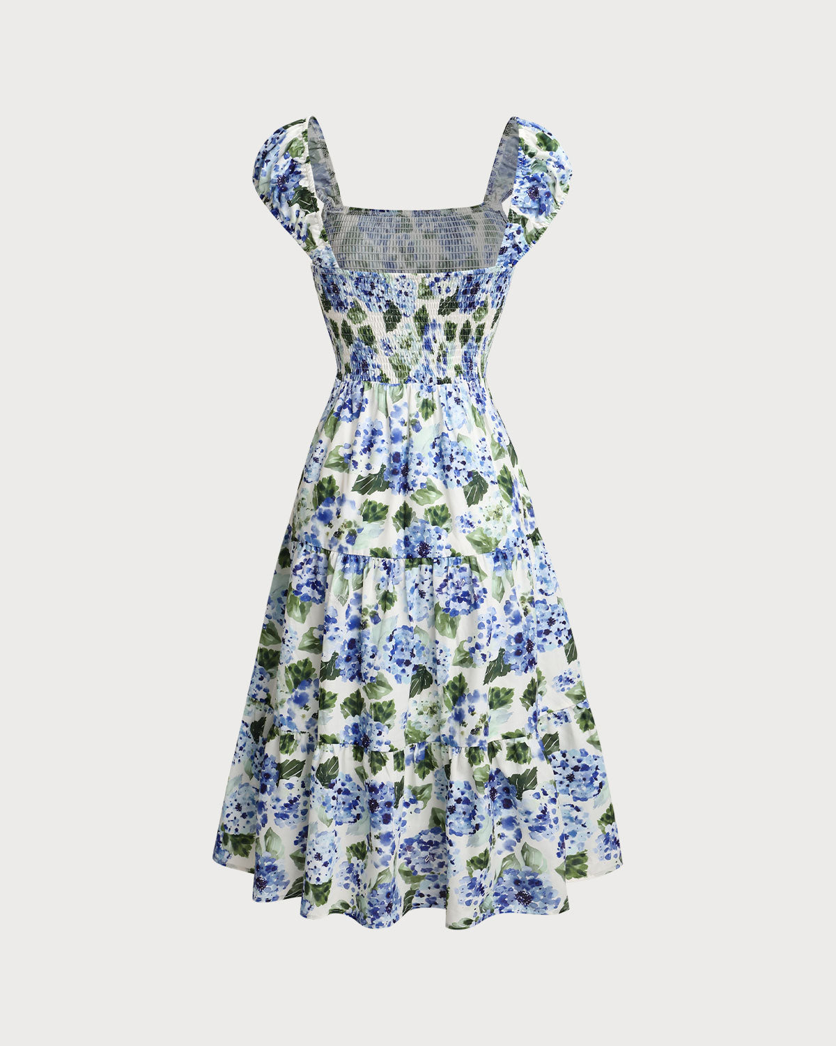 Blue Floral Square Neck Shirred Midi Dress