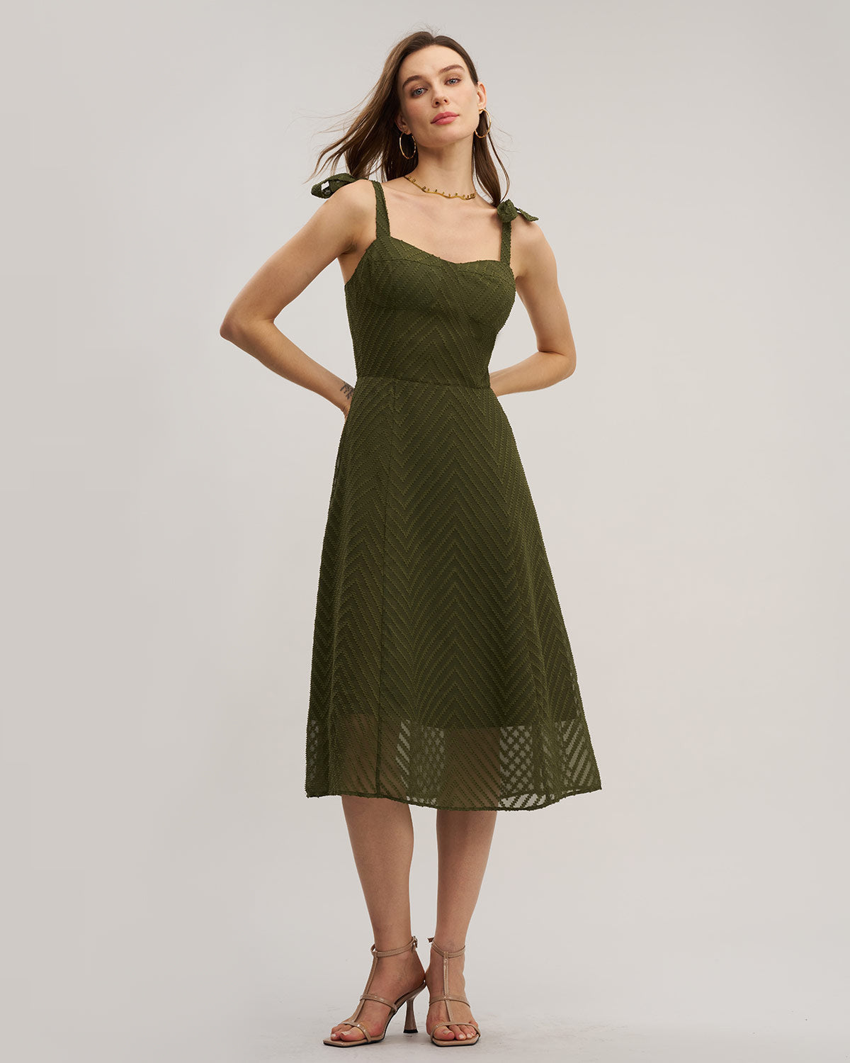 Green Sweetheart Neck Tie Strap Midi Dress