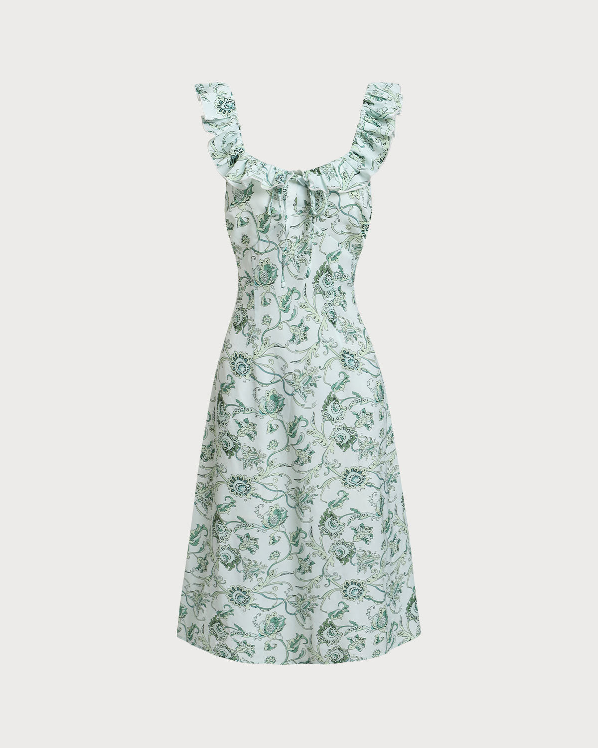 Green Floral Square Neck Ruched Midi Dress