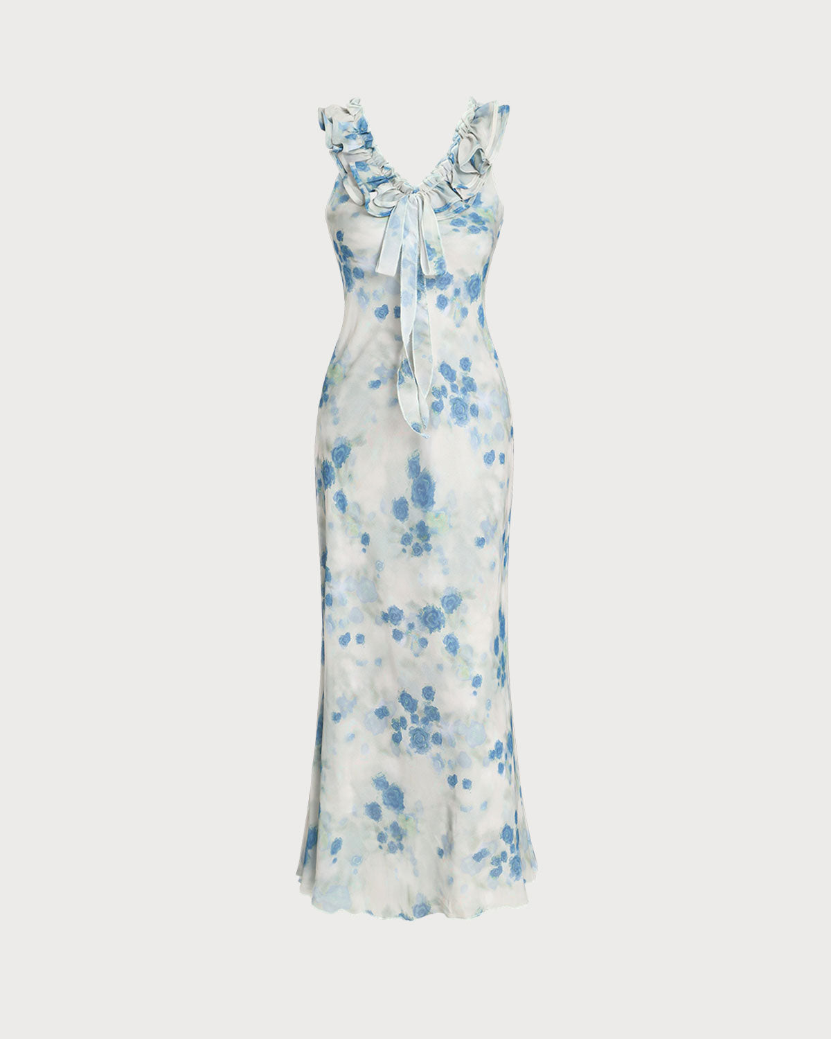 Blue Floral Ruffle V Neck Sleeveless Midi Dress
