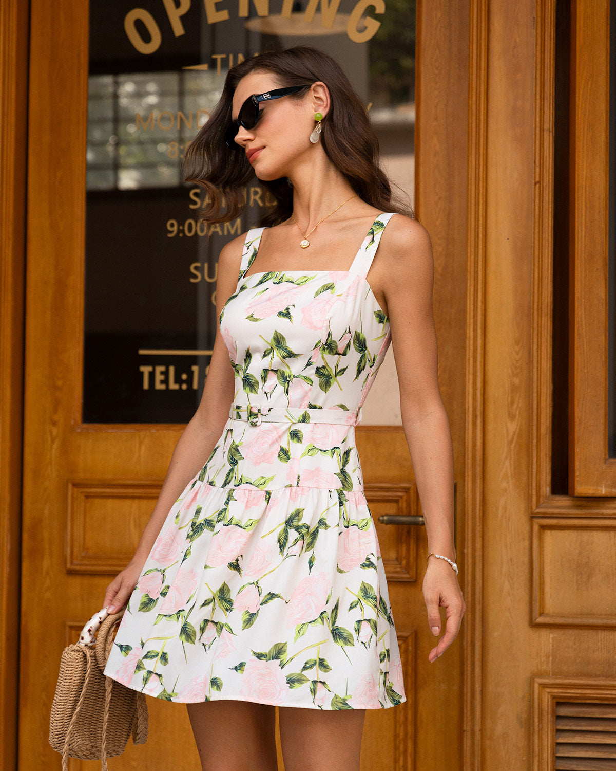 Pink Floral Ruched Belted Slip Mini Dress