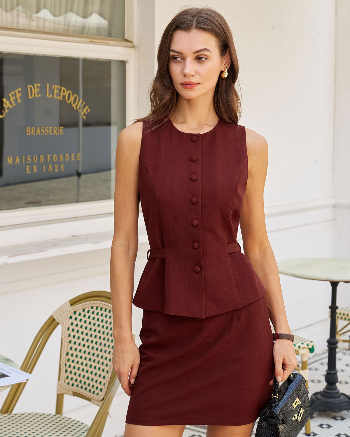 Wine Red Button Belted Vest