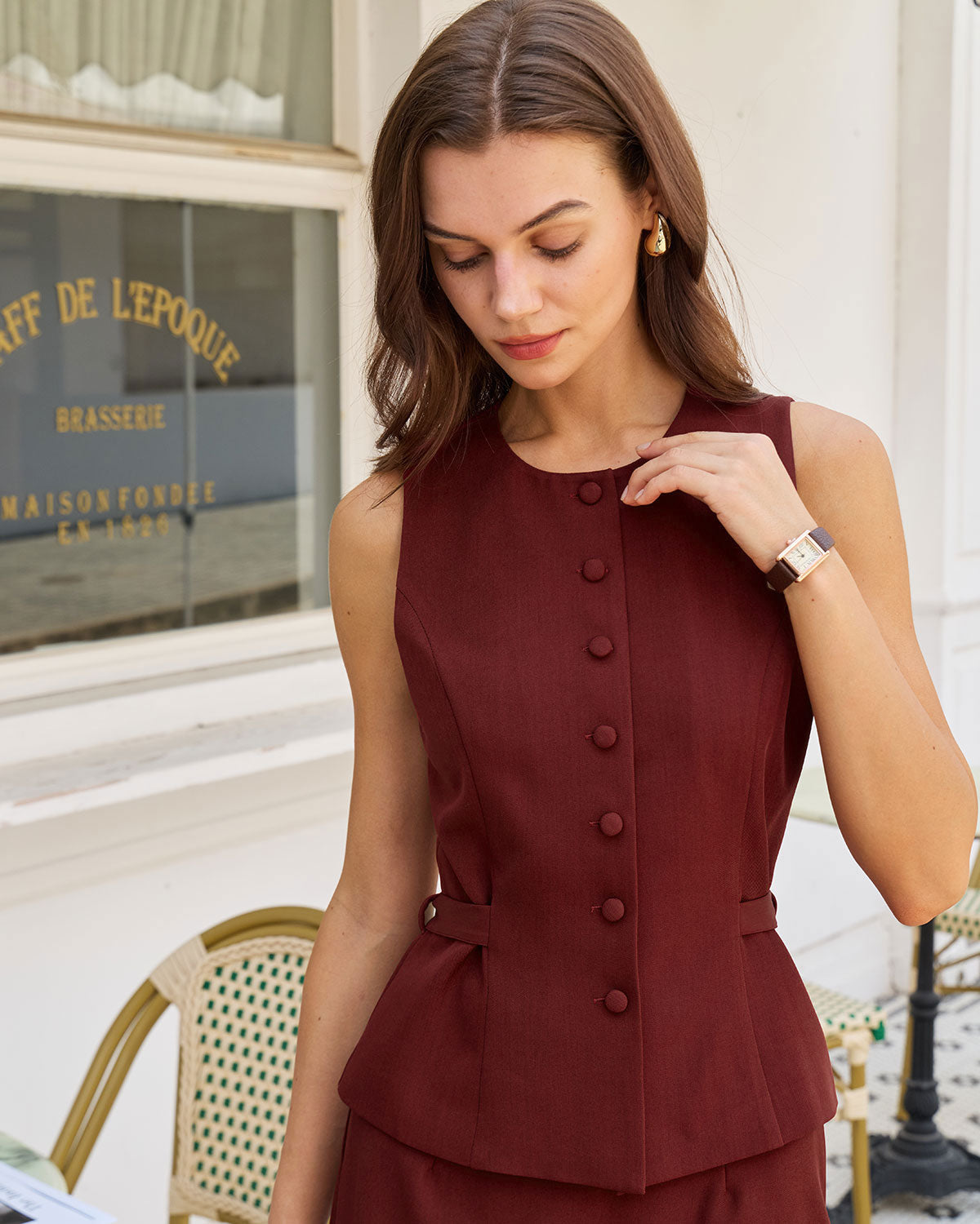 Wine Red Button Belted Vest