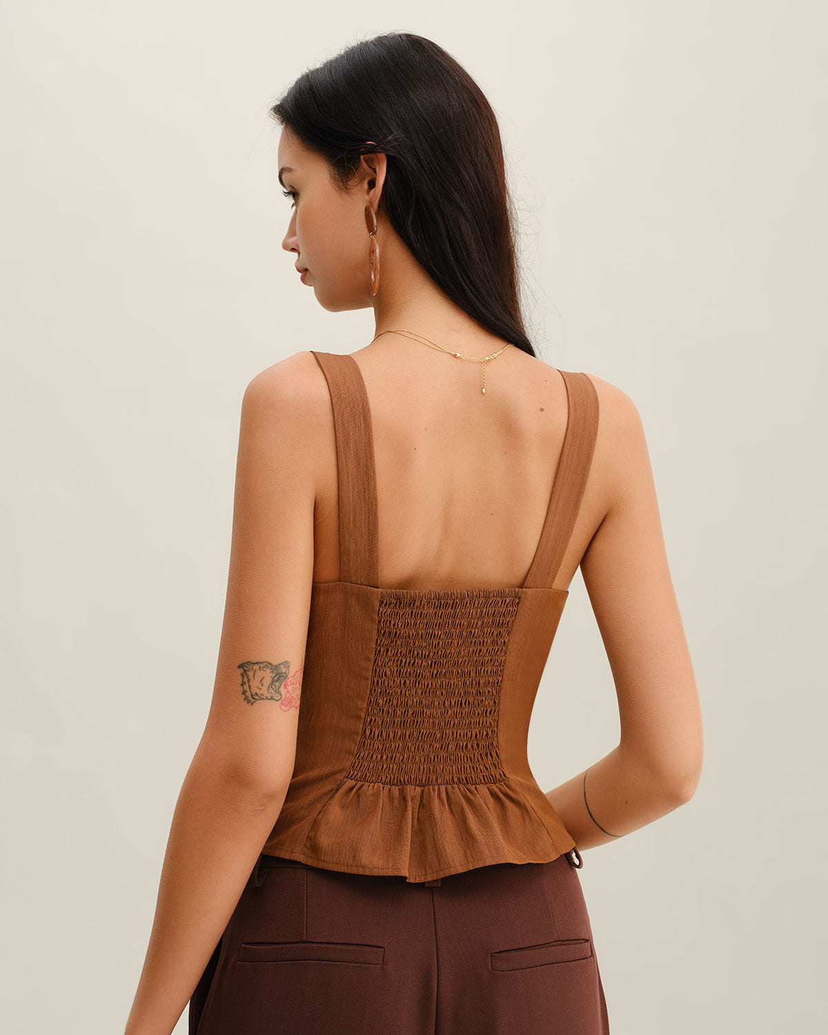 Brown Ruched Shirred Cami Top