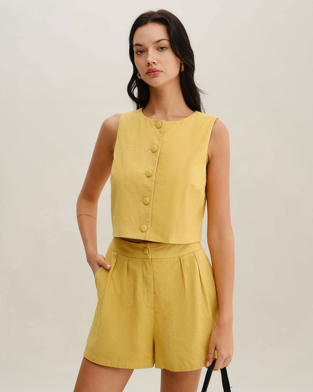 Yellow Round Neck Button Vest