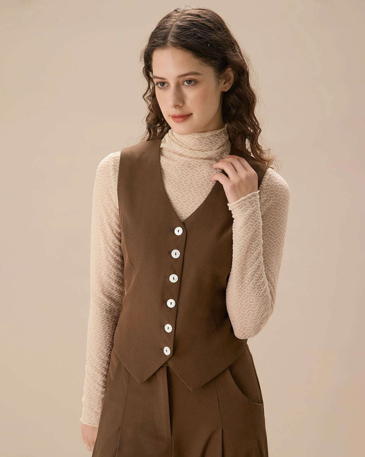Brown V Neck Button Up Sleeveless Top