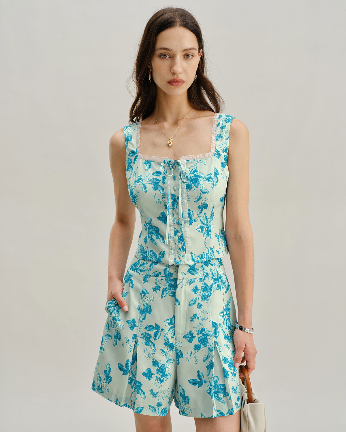 Blue Floral Square Tank Top