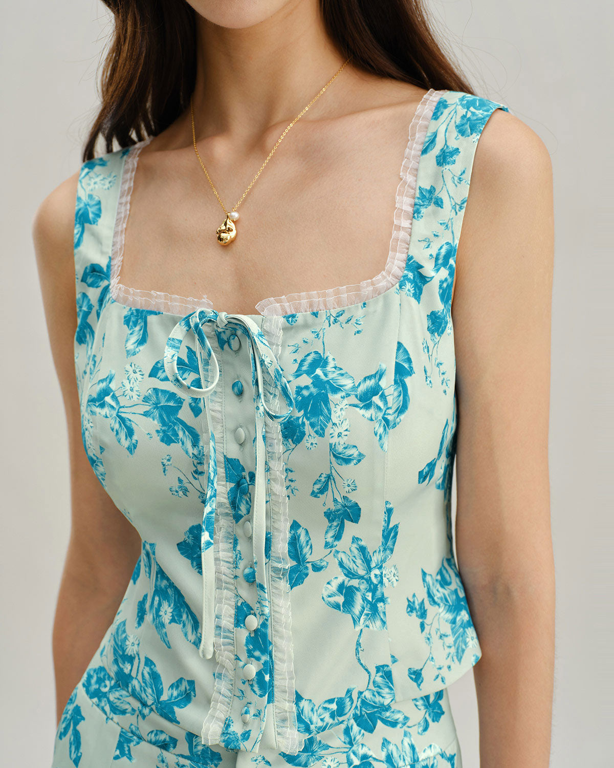 Blue Floral Square Tank Top