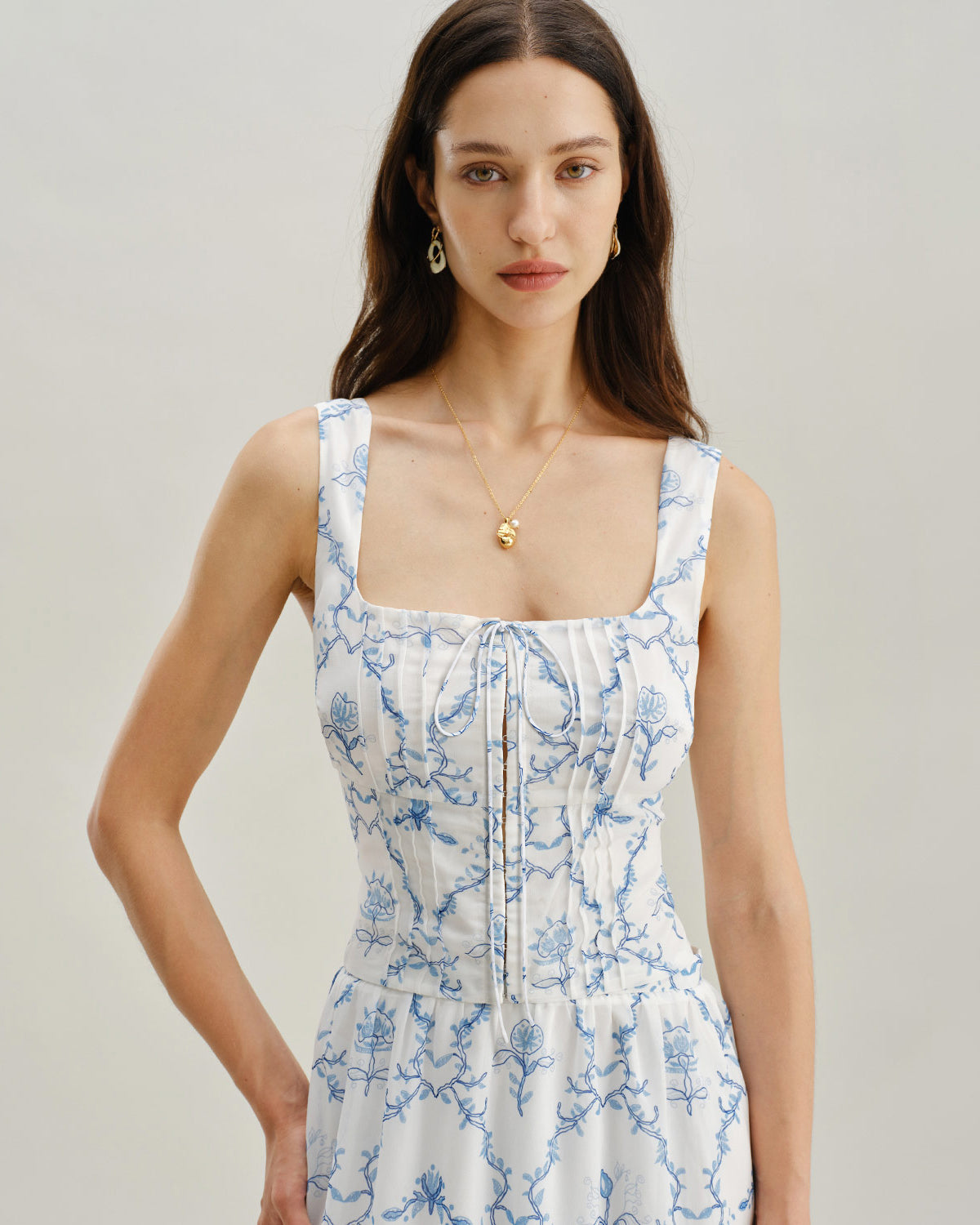 White Floral Ruched Tank Top