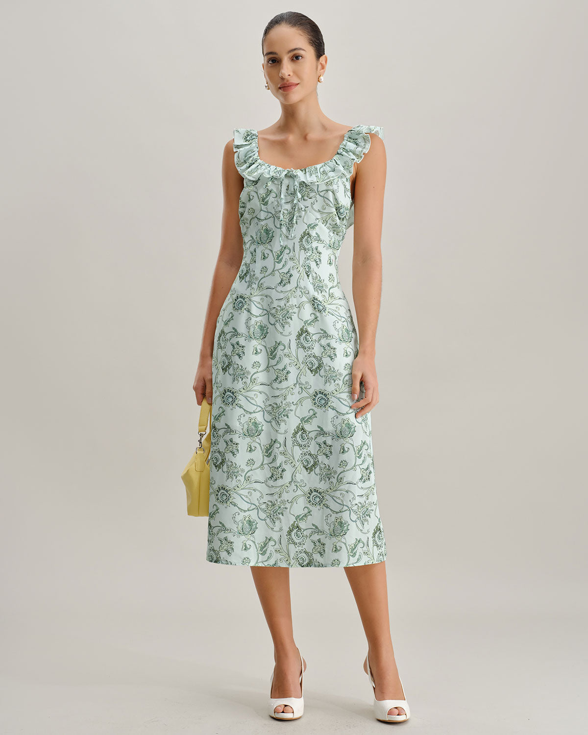 Green Floral Square Neck Ruched Midi Dress
