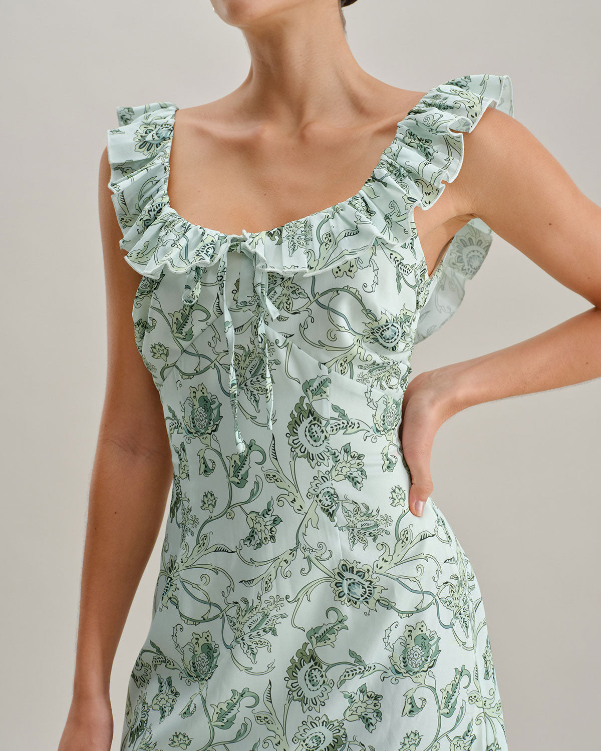 Green Floral Square Neck Ruched Midi Dress