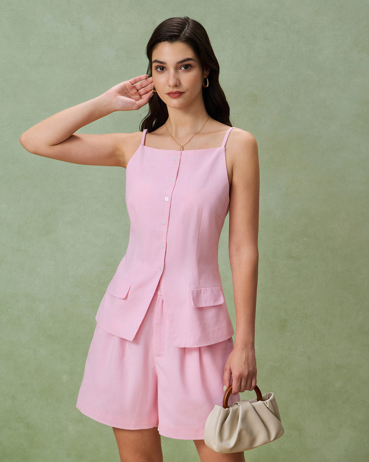 Pink Square Neck Pocket Vest