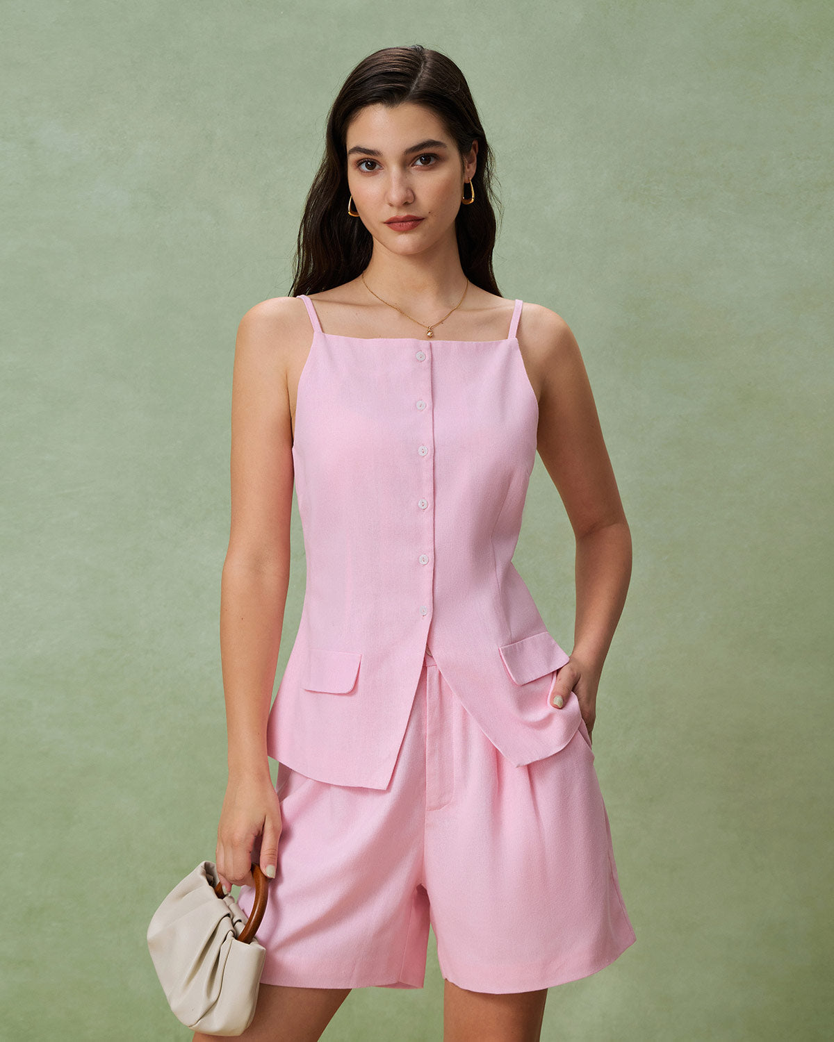 Pink Square Neck Pocket Vest