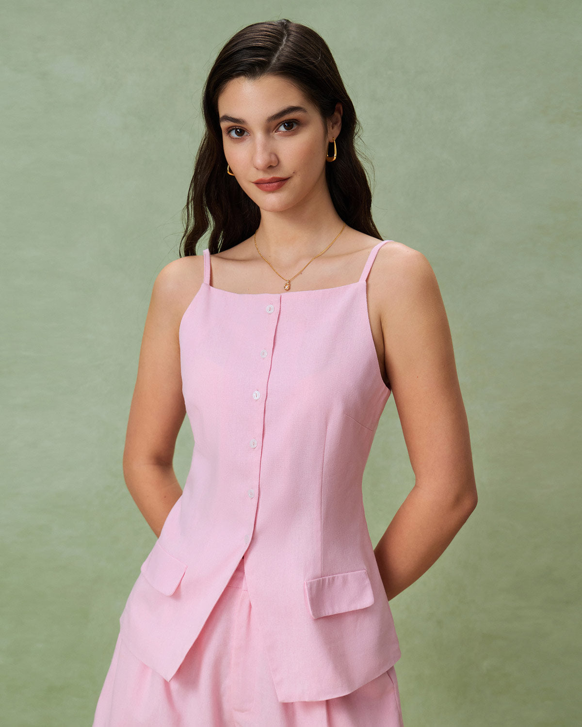 Pink Square Neck Pocket Vest
