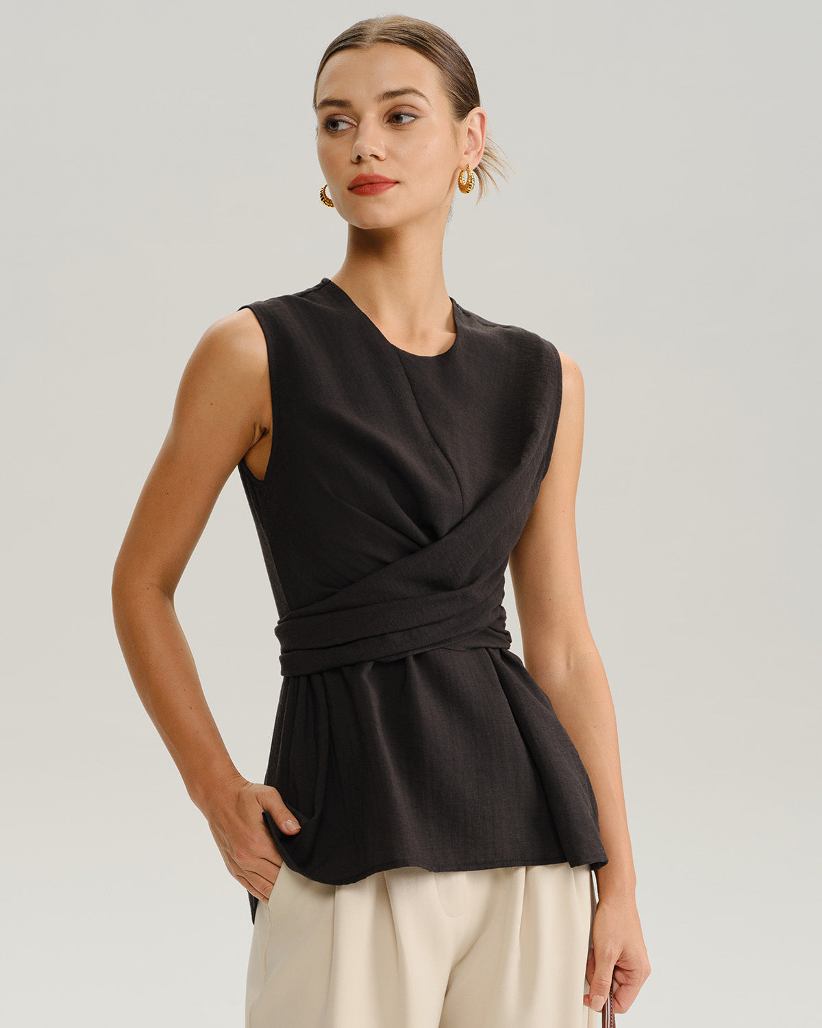 Black Round Neck Wrap Tank Top