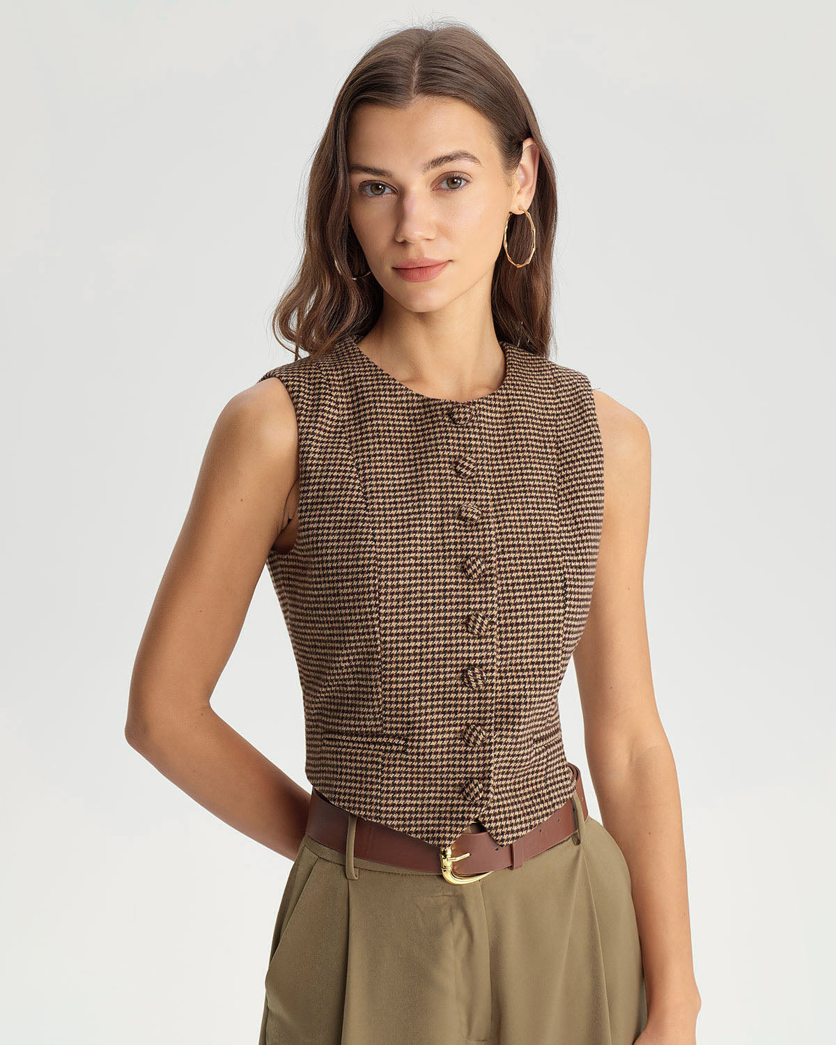 Khaki Plaid Single Breasted Waistcoat