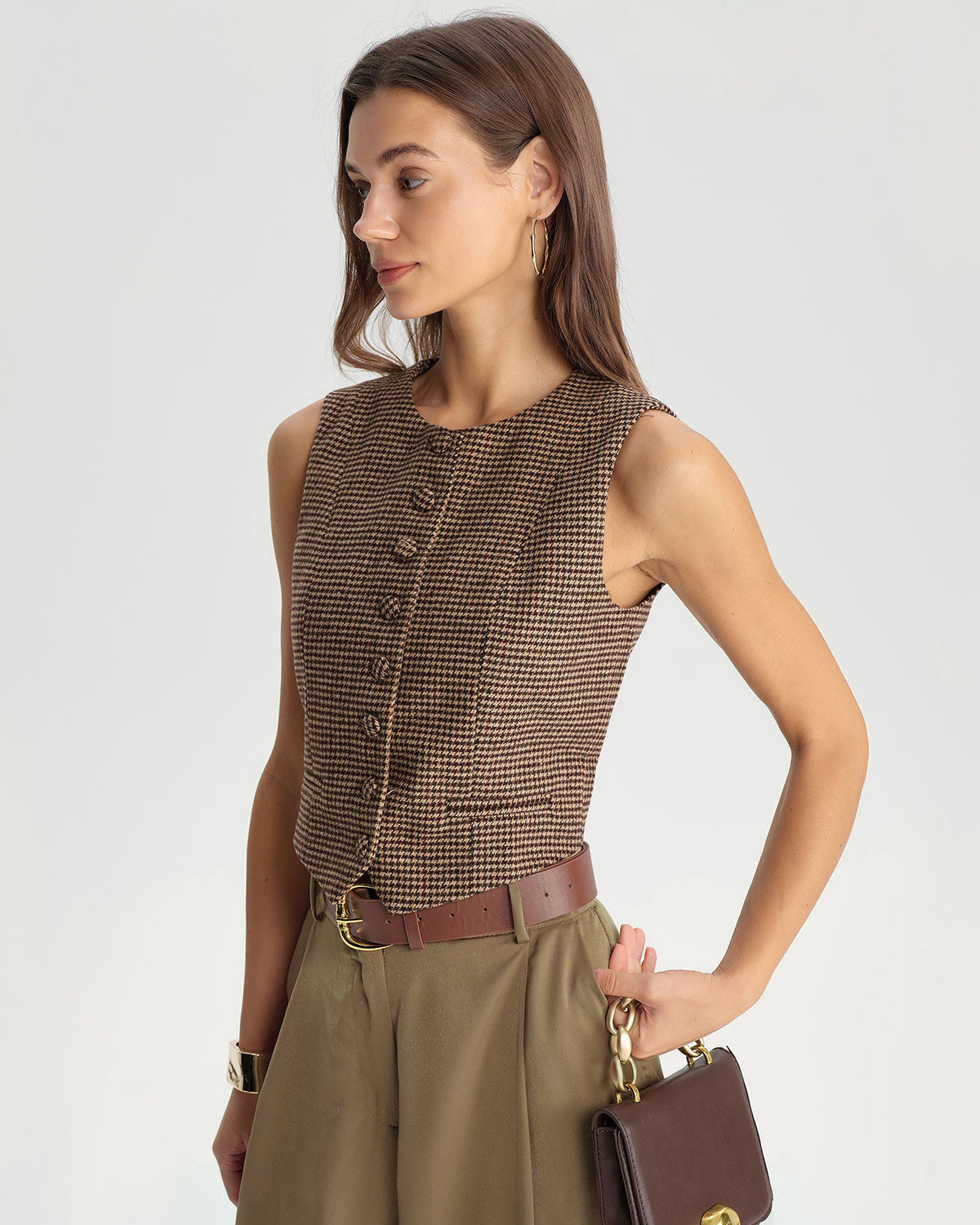 Khaki Plaid Single Breasted Waistcoat