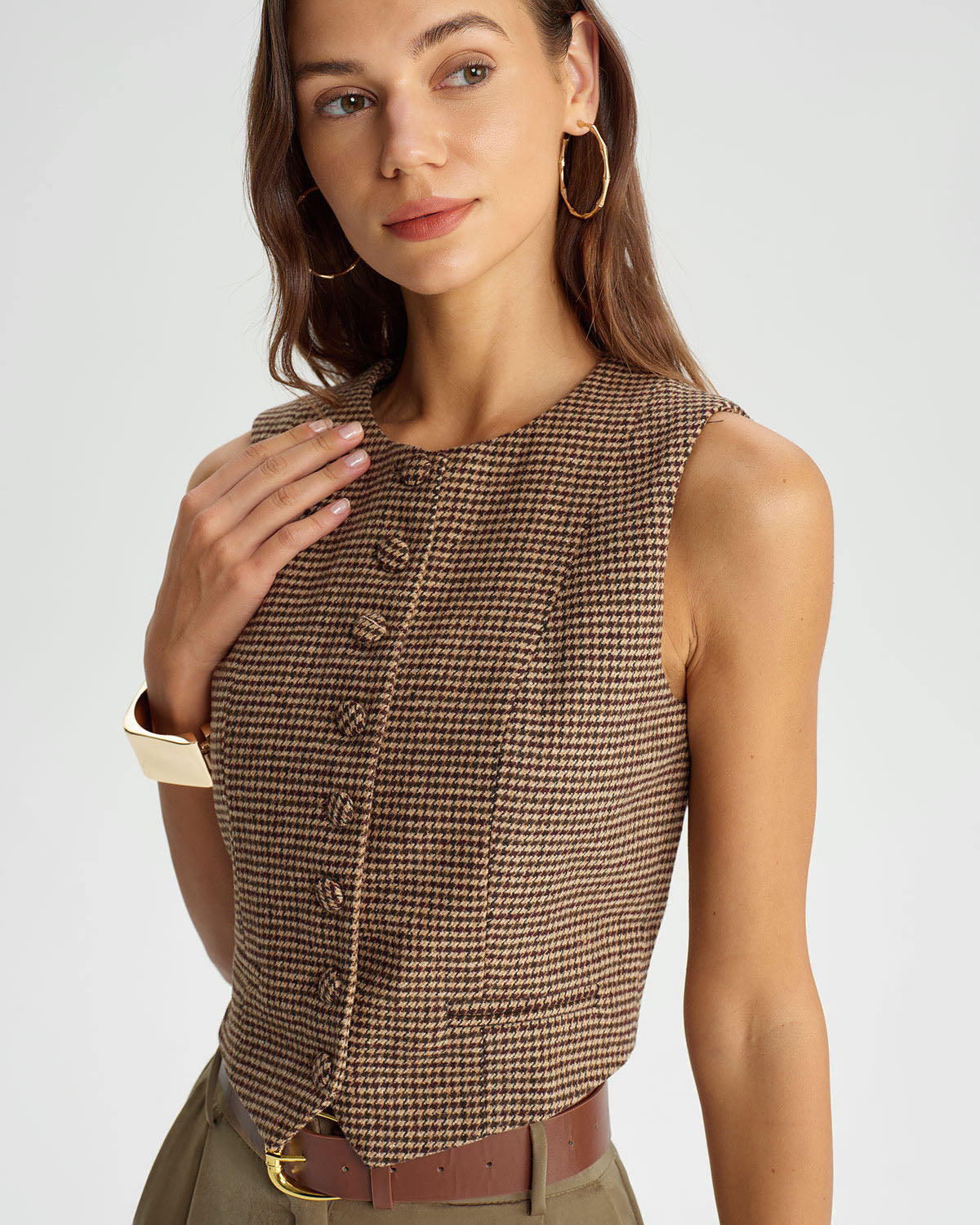 Khaki Plaid Single Breasted Waistcoat