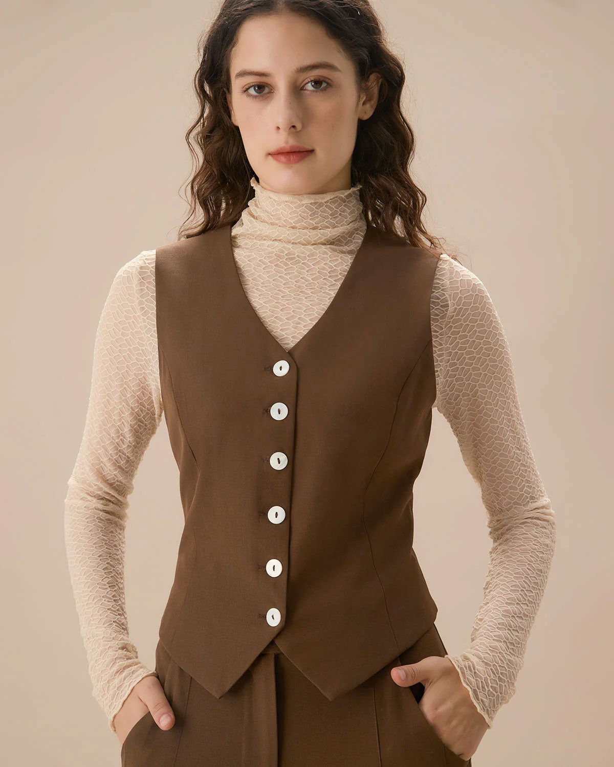 Brown V Neck Button Up Sleeveless Top