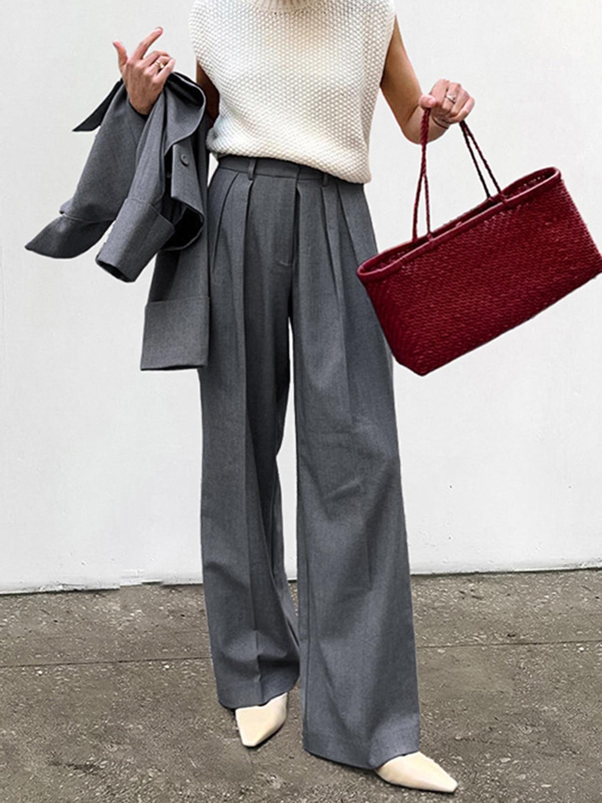 High-Waist Pleated Thin Trousers