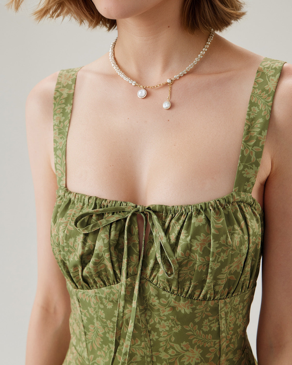 Green Floral Ruched Slip Mini Dress