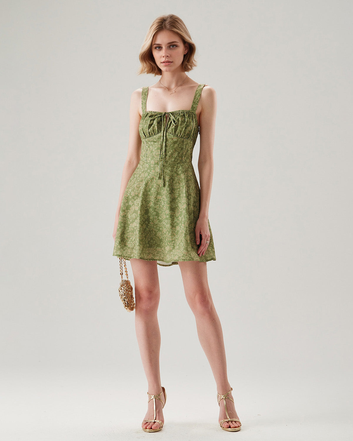 Green Floral Ruched Slip Mini Dress