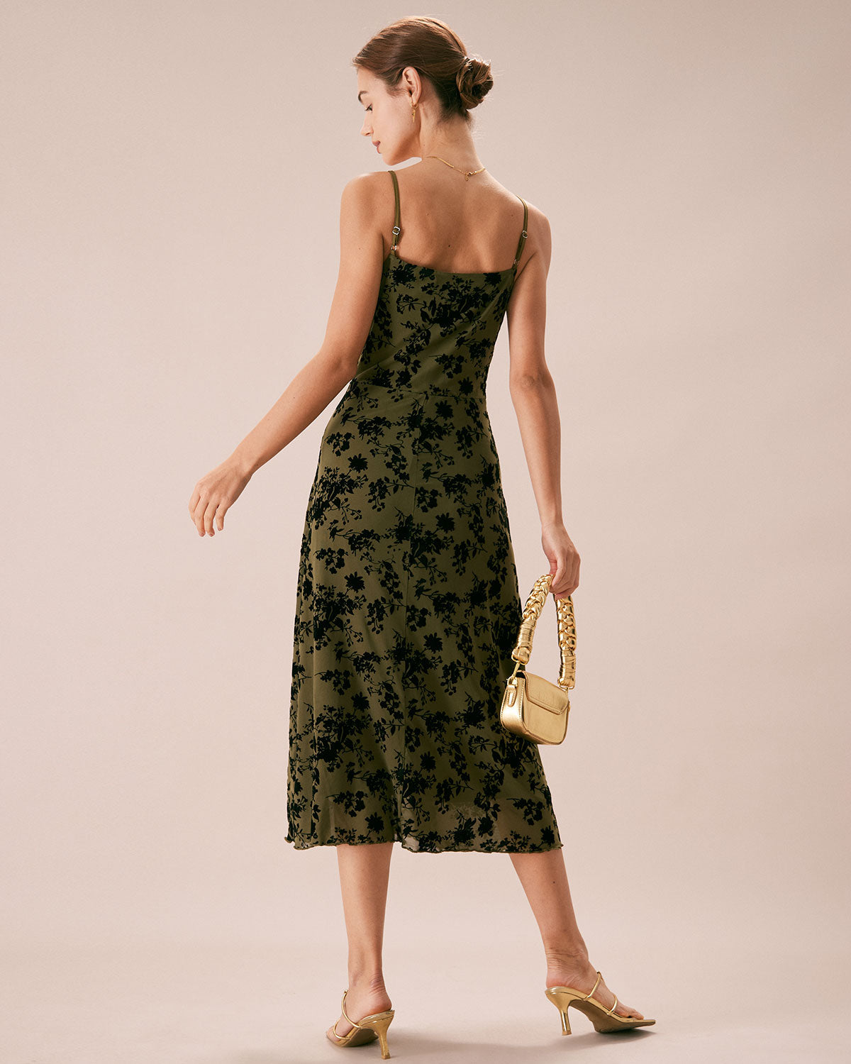 The Green Floral Burnout A-Line Slip Midi Dress