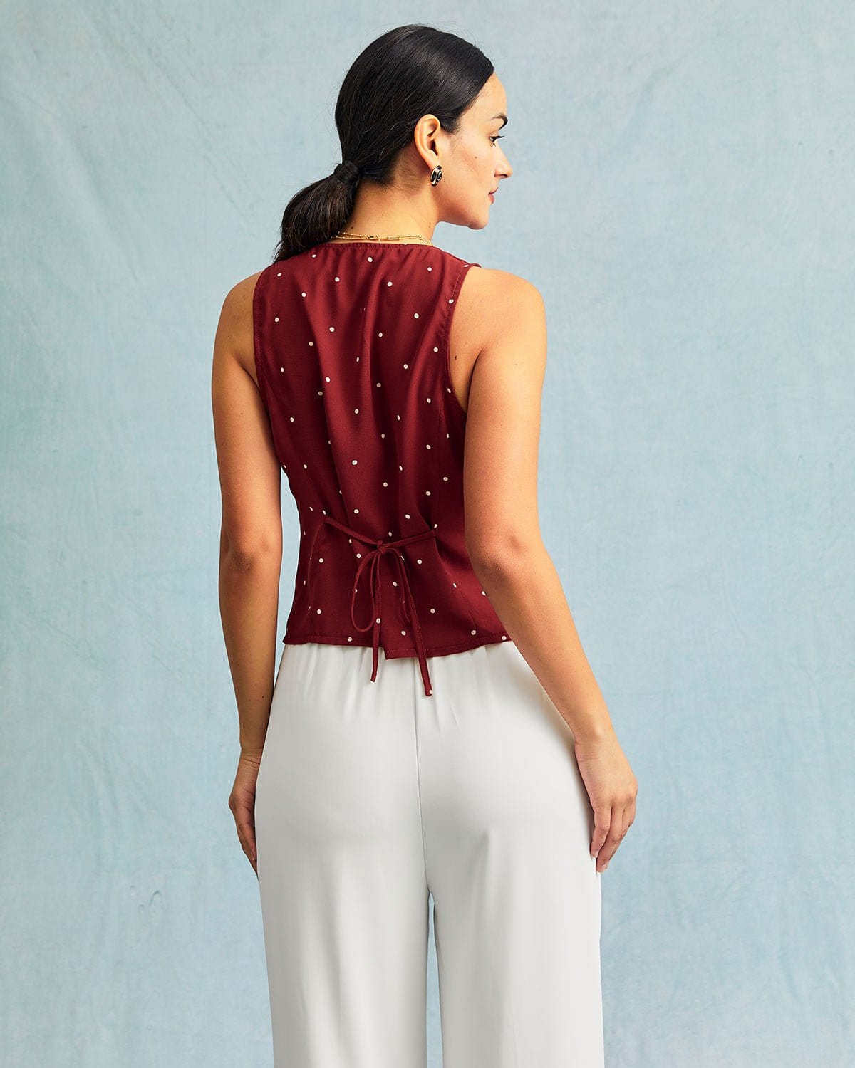 The Red V Neck Polka Dot Print Sleeveless Top