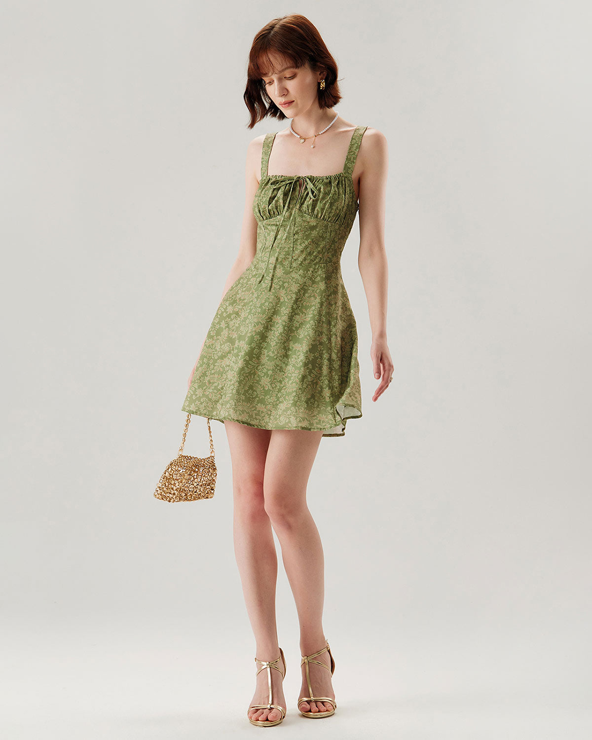 Green Floral Ruched Slip Mini Dress