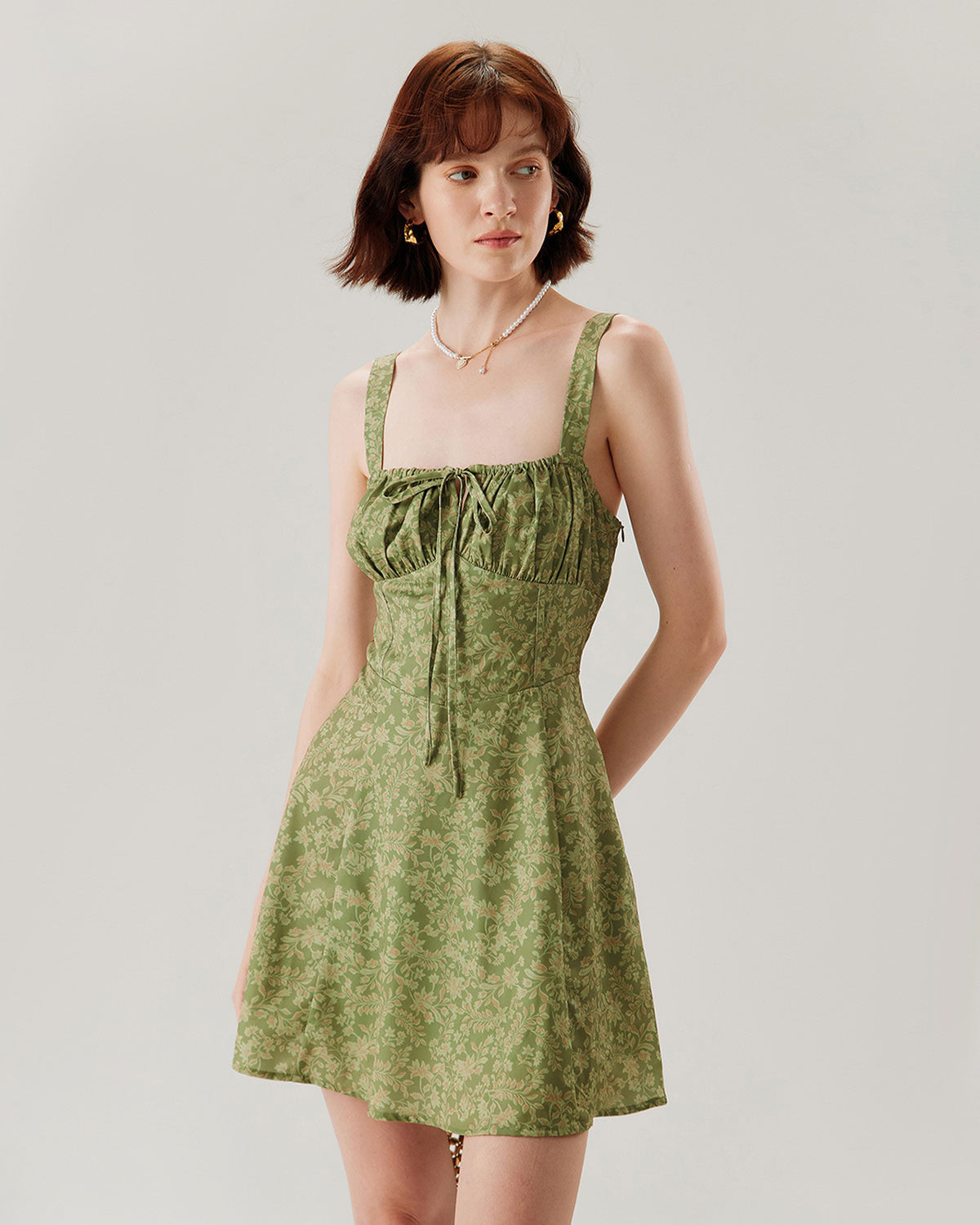 Green Floral Ruched Slip Mini Dress