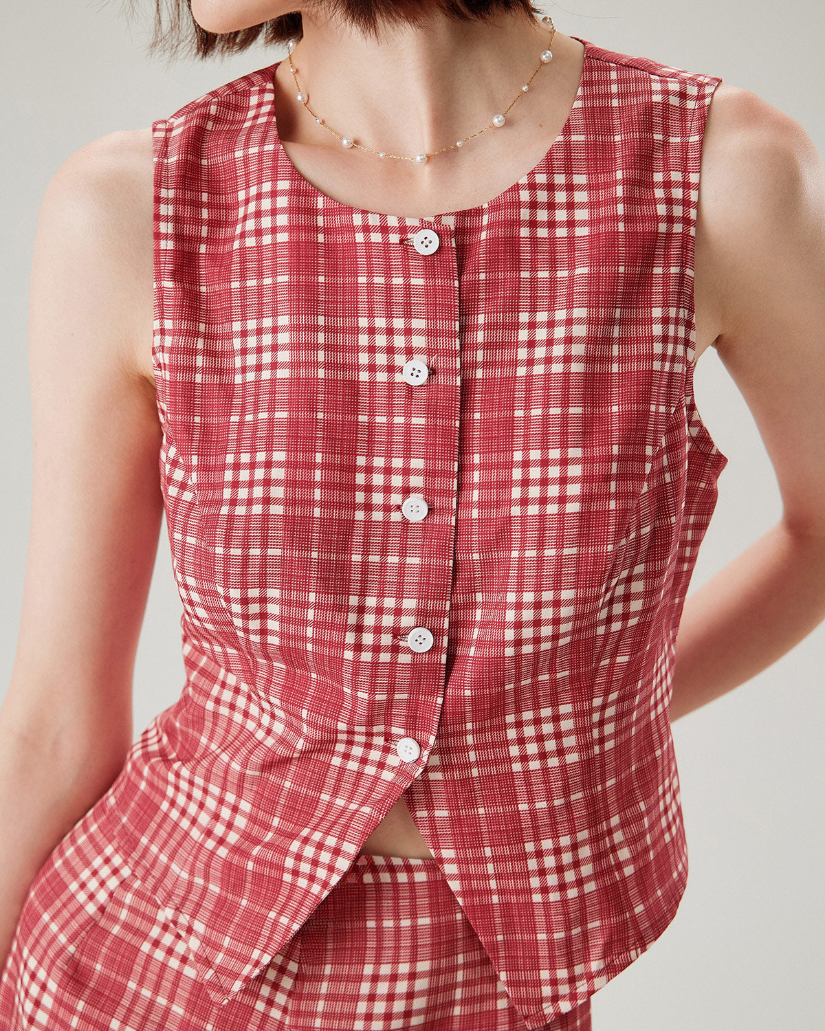 Red Plaid Single Breasted Waistcoat