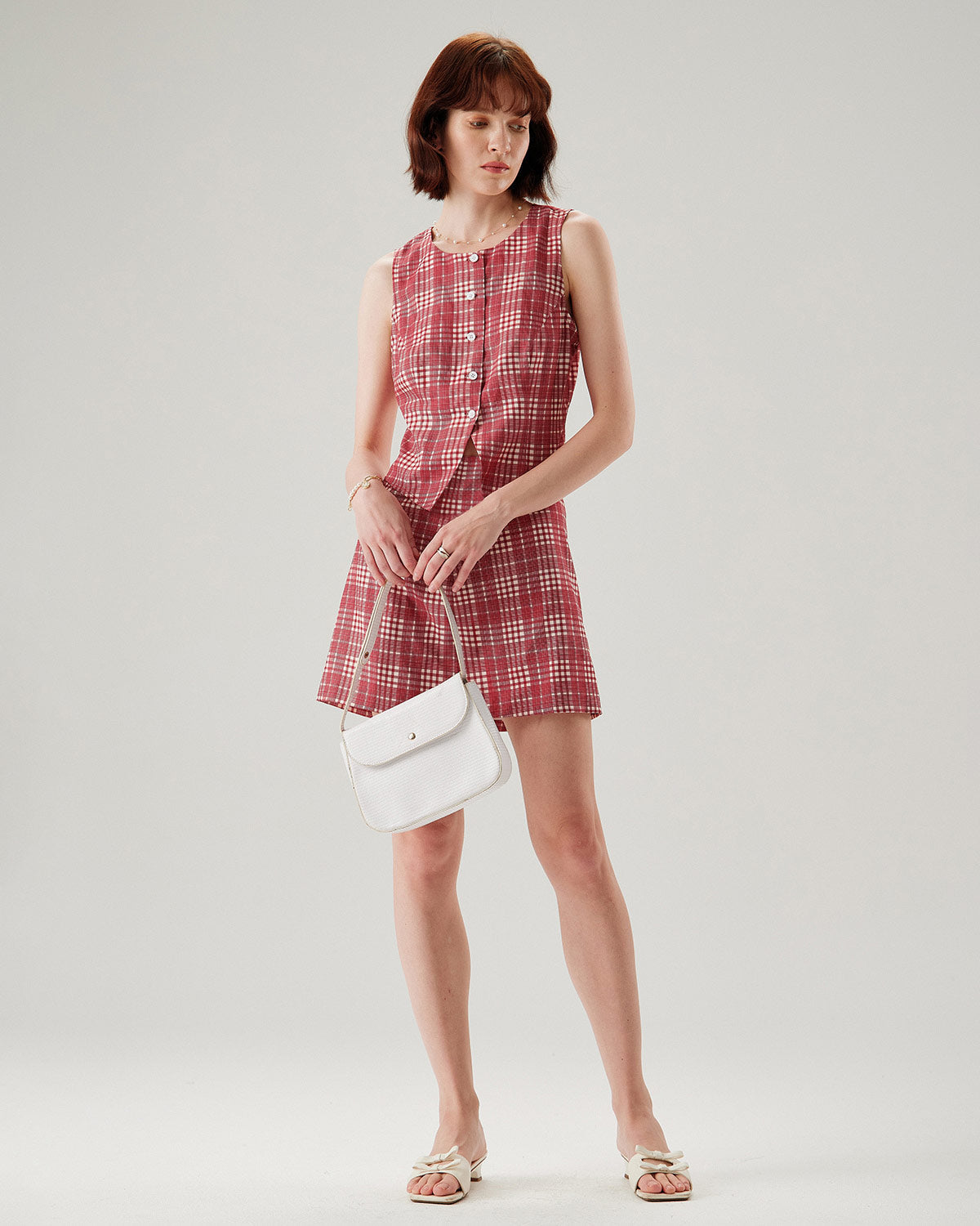 Red Plaid Single Breasted Waistcoat