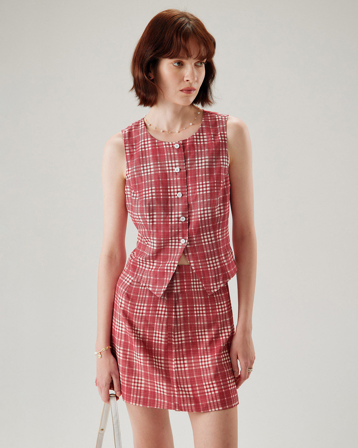 Red Plaid Single Breasted Waistcoat