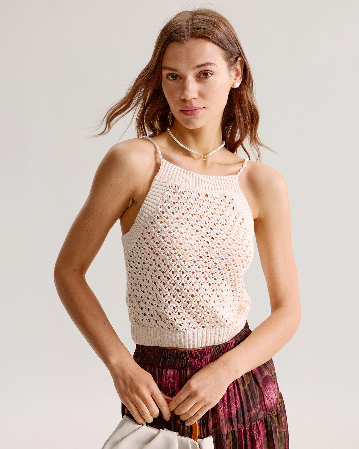 Beige Crochet Beaded Cami Top