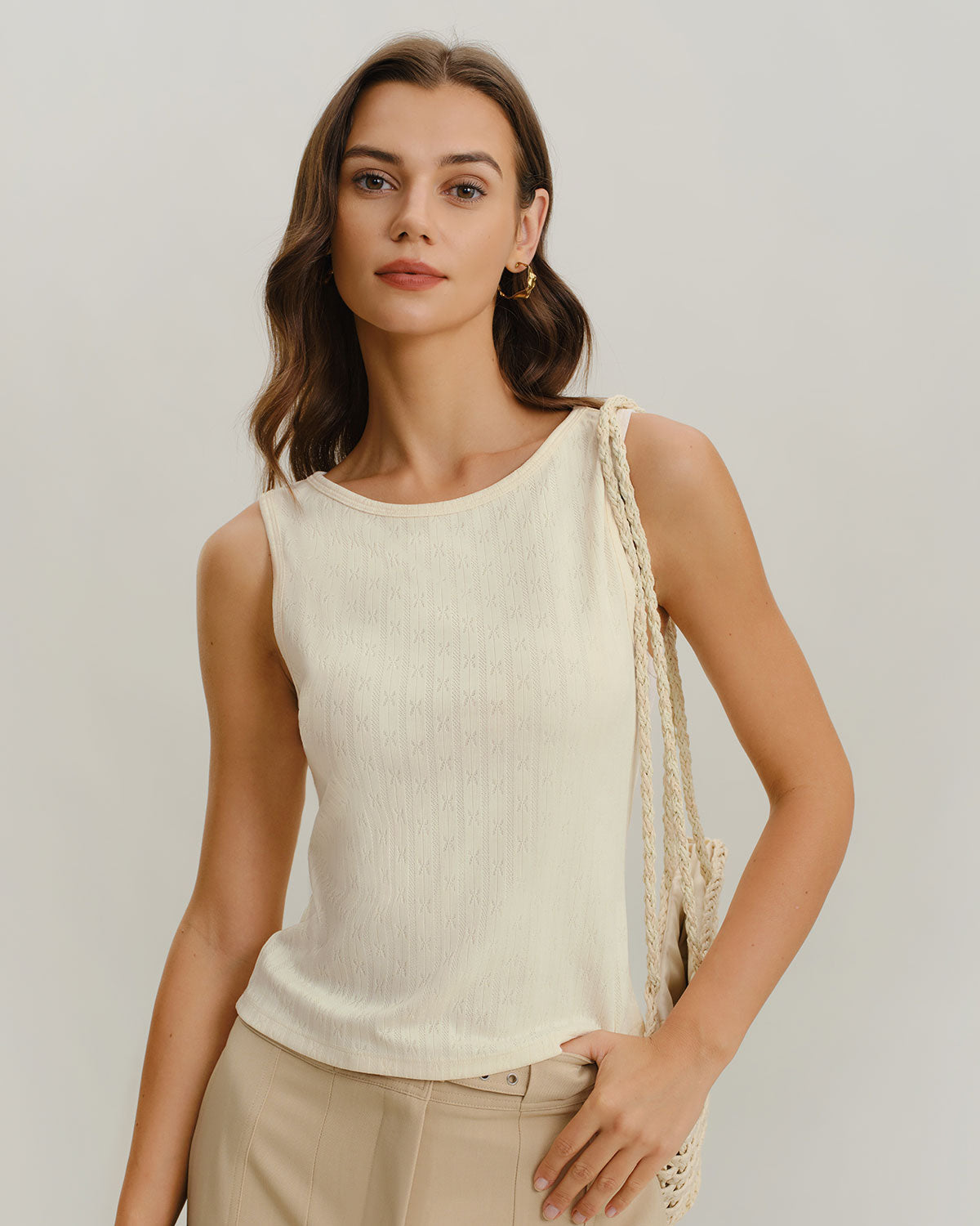 Beige Boat Neck Ribbed Knit Tank Top