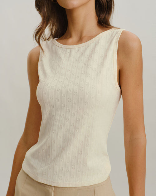 Beige Boat Neck Ribbed Knit Tank Top