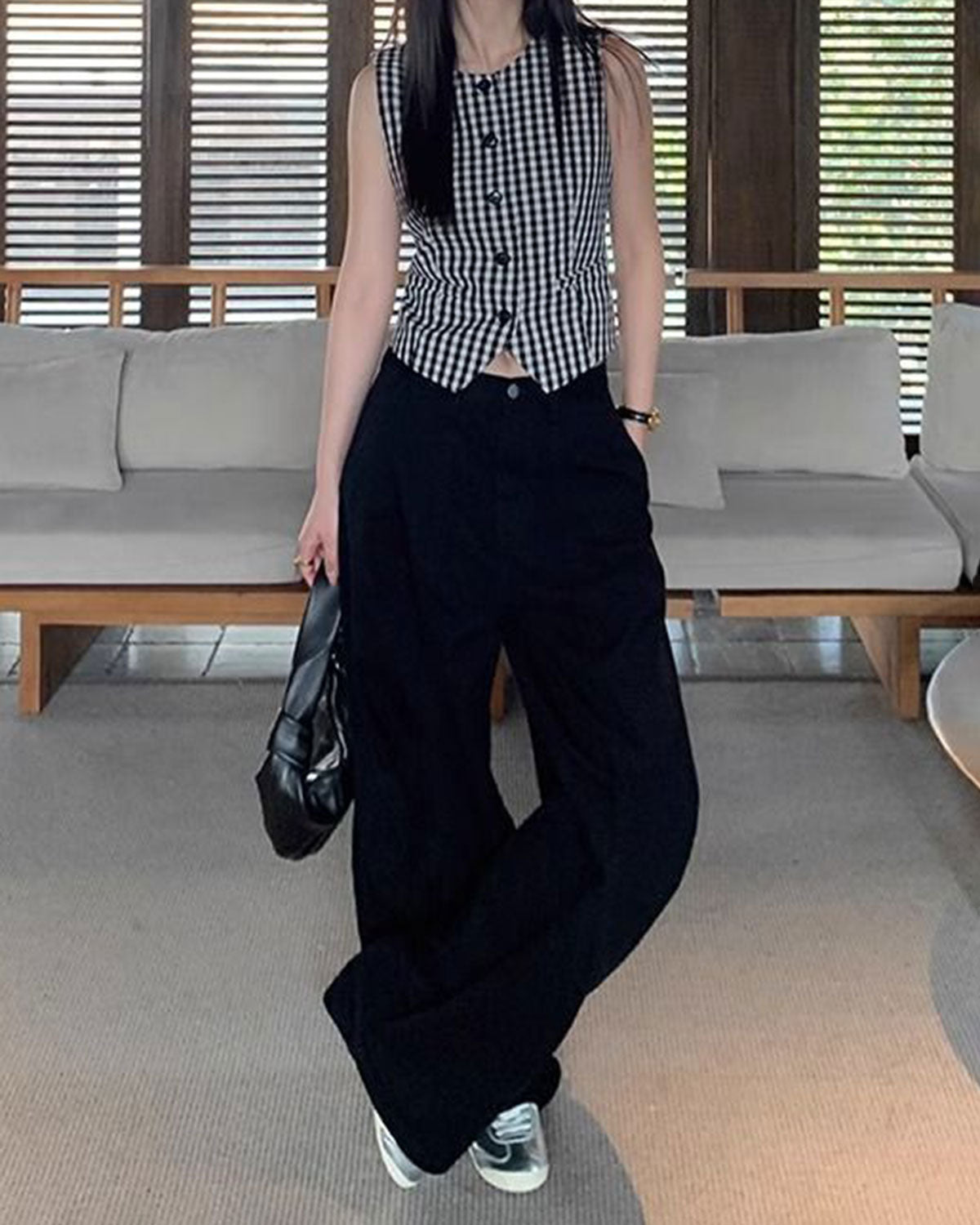 Black Sleeveless Check Button Waistcoat