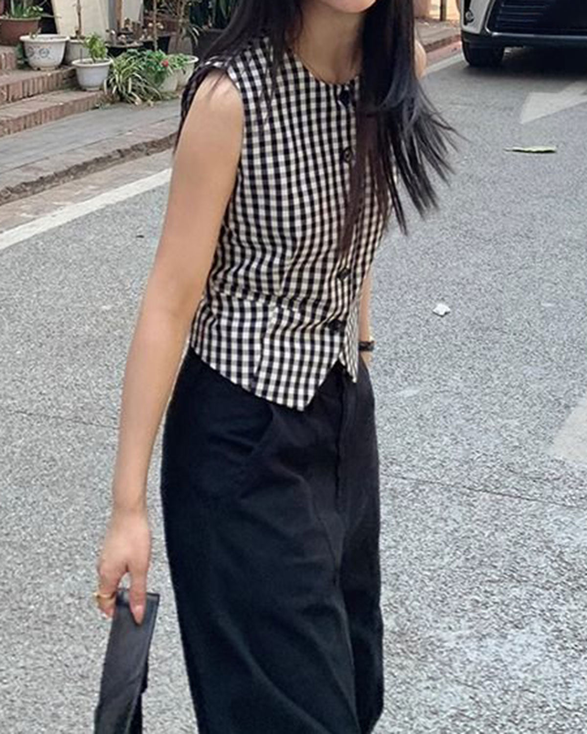Black Sleeveless Check Button Waistcoat