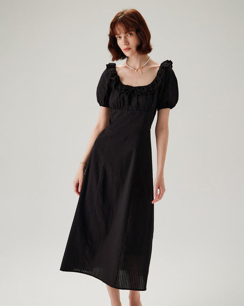 Black Embroidery Puffed Sleeve Maxi Dress