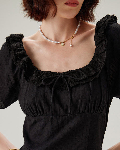 Black Embroidery Puffed Sleeve Maxi Dress