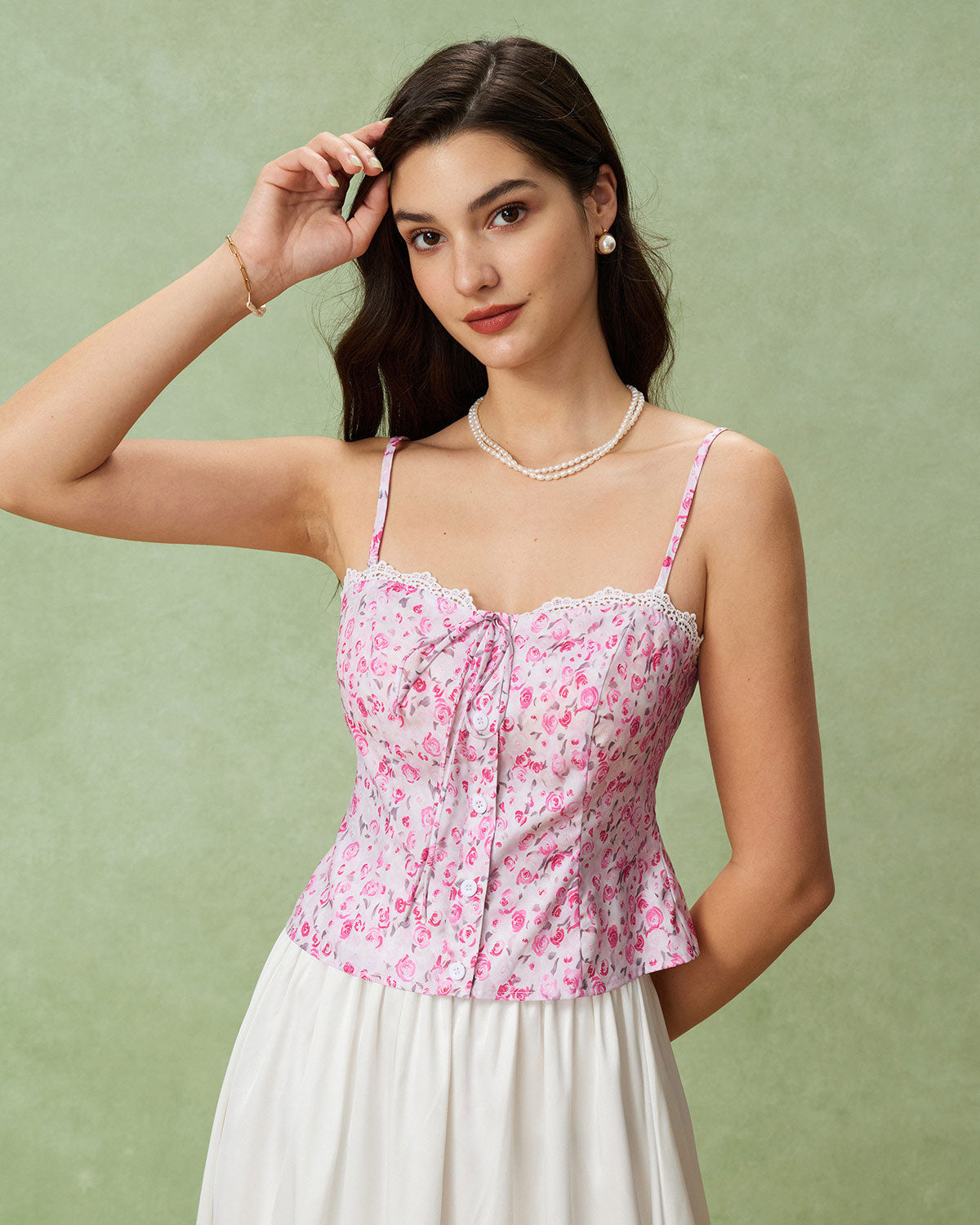 Pink Floral Sweetheart Neck Cami Top