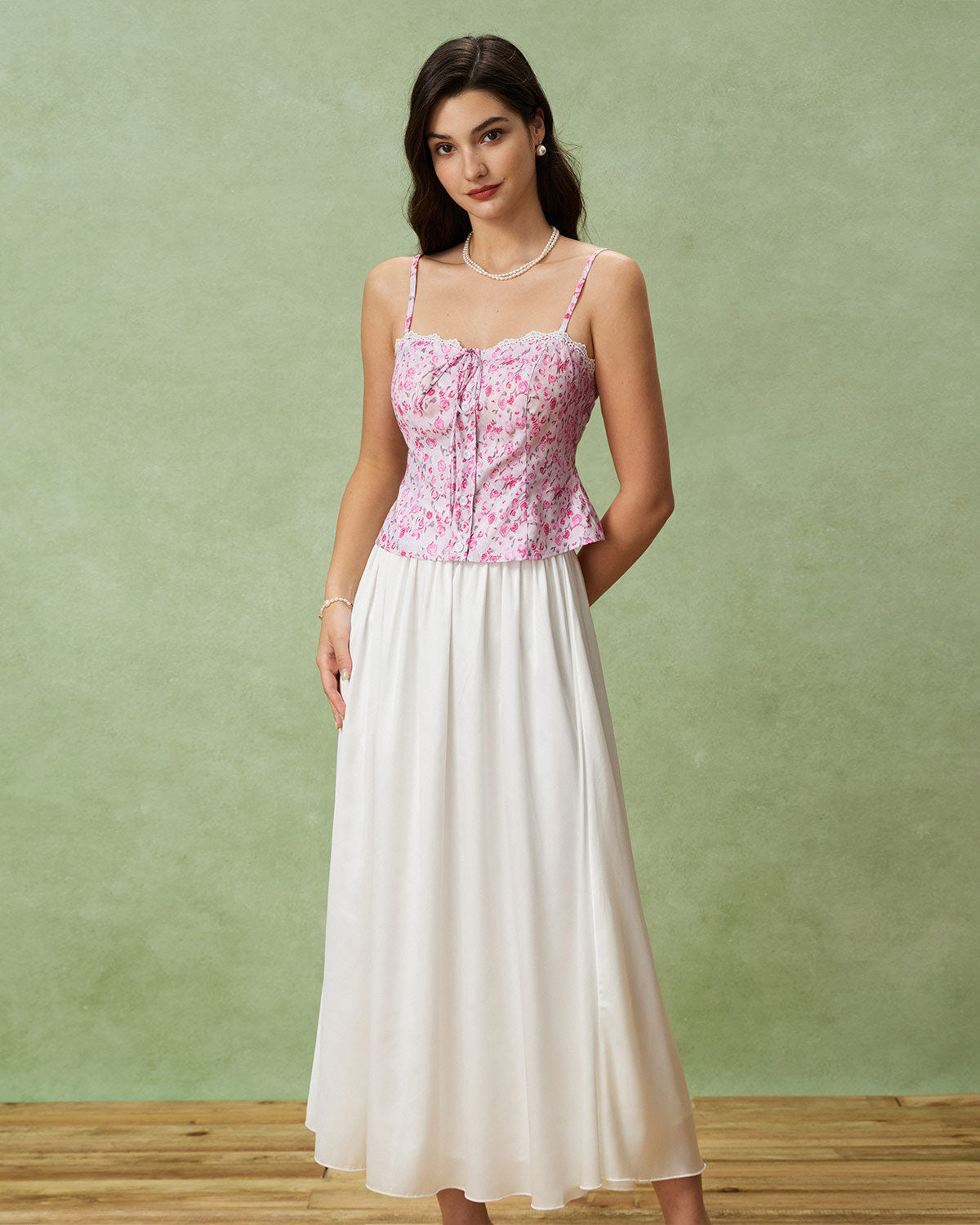 Pink Floral Sweetheart Neck Cami Top