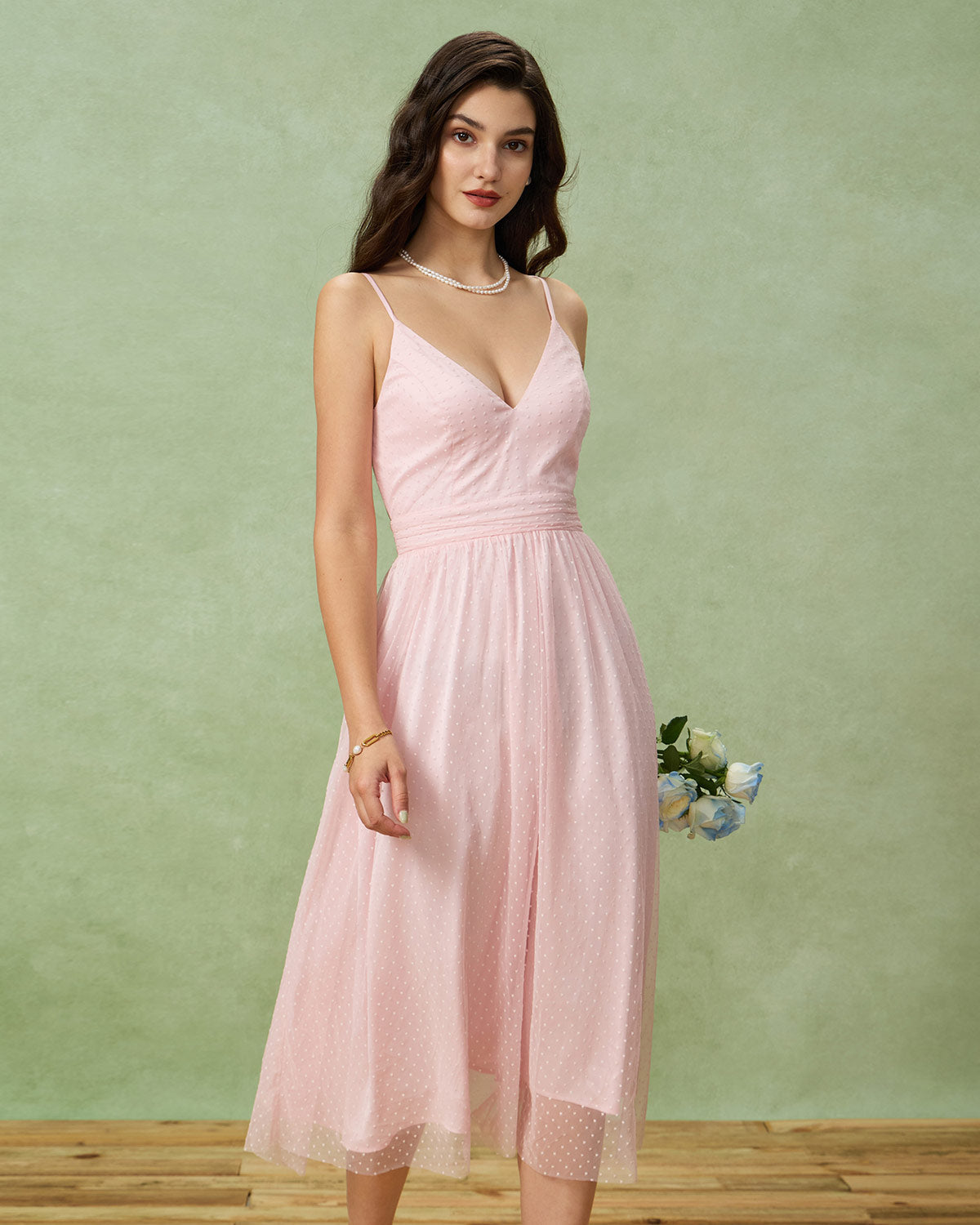 Pink V-Neck Backless Slip Midi Dress